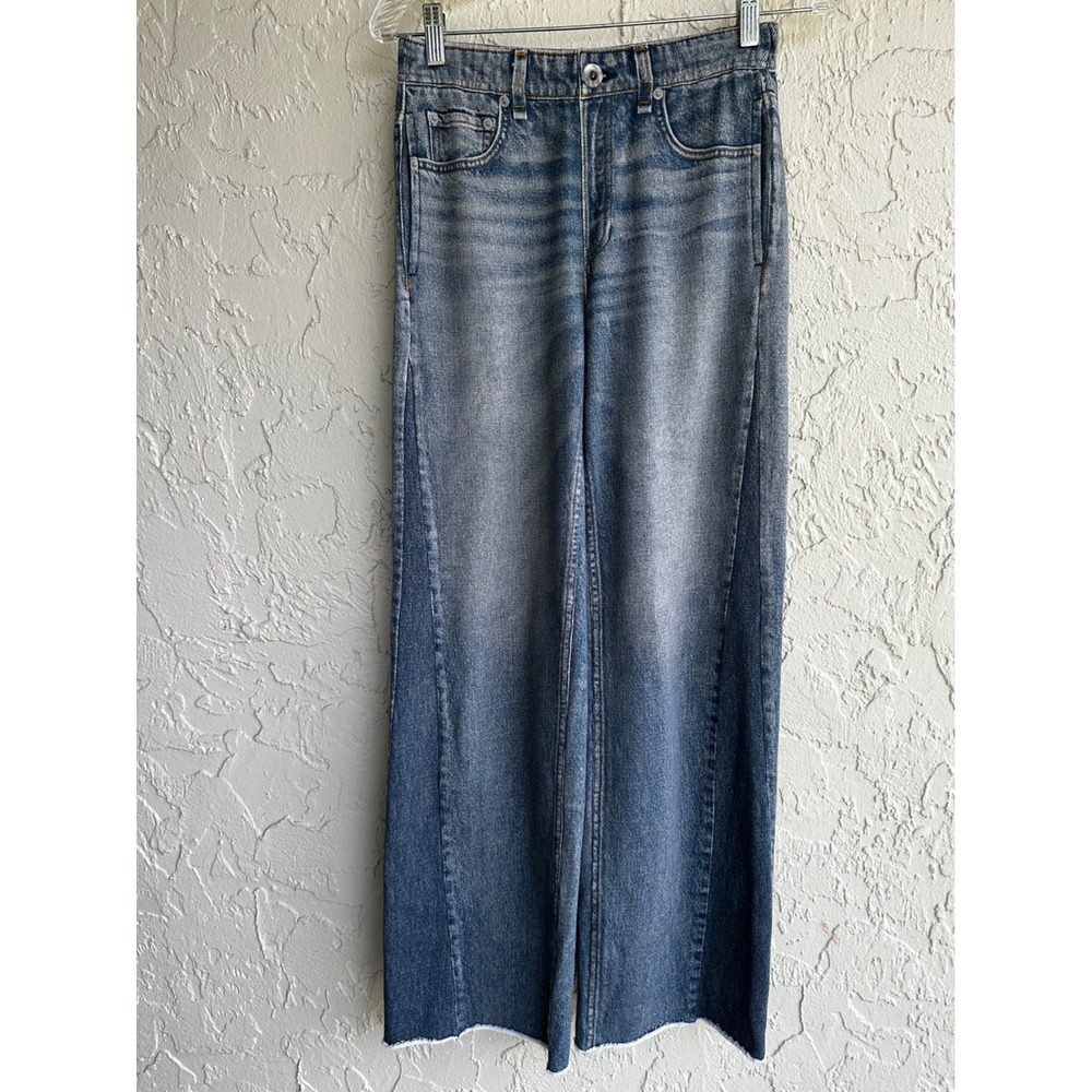 Rag & Bone Miramar Wide Leg Trompe L'oeil Denim Jean Print Pants Blue XS